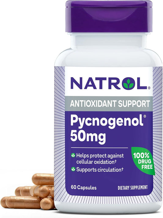 Natrol Pycnogenol Capsules 50mg - Antioxidant Supplement with European Maritime Pine Bark Extract for Cellular Protection & Circulation Support - 60 Count