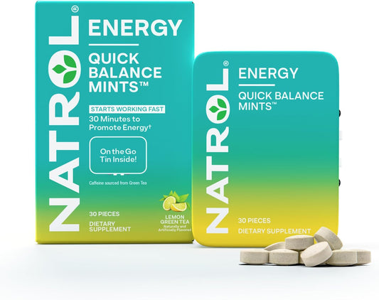 Natrol Quick Balance Energy Mints, Lemon Green Tea Flavor, 30 Count - Natural Energy Supplement for 15 Days