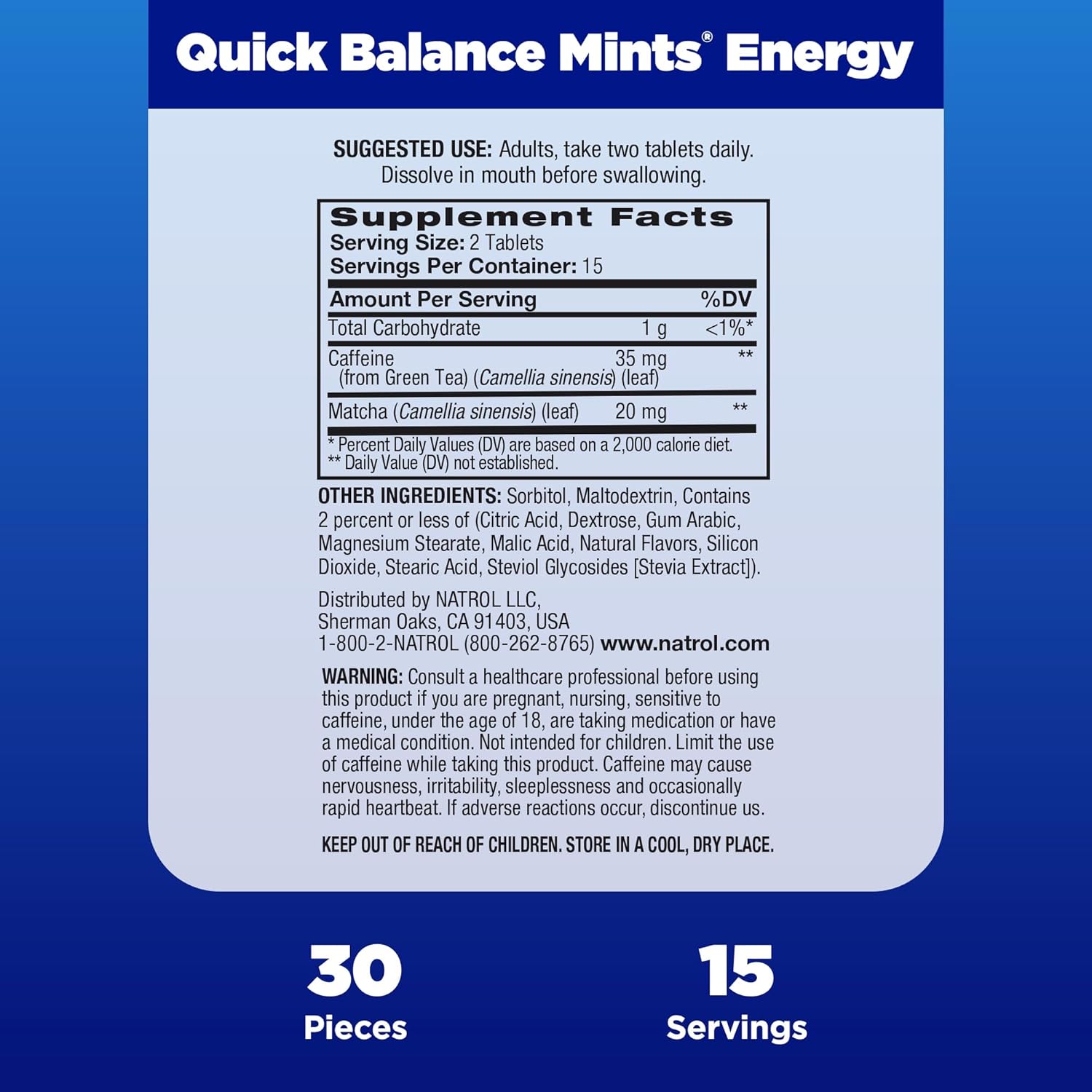 Natrol Quick Balance Energy Mints, Lemon Green Tea Flavor, 30 Count - Natural Energy Supplement for 15 Days