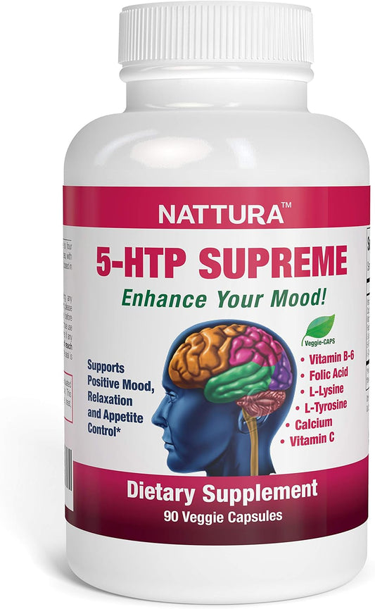 Nattura 5-HTP Supreme Capsules for Positive Mood, Relaxation, and Appetite Control - 90 Count with 5-HTP, L-Tyrosine, L-Lysine, and Vitamins