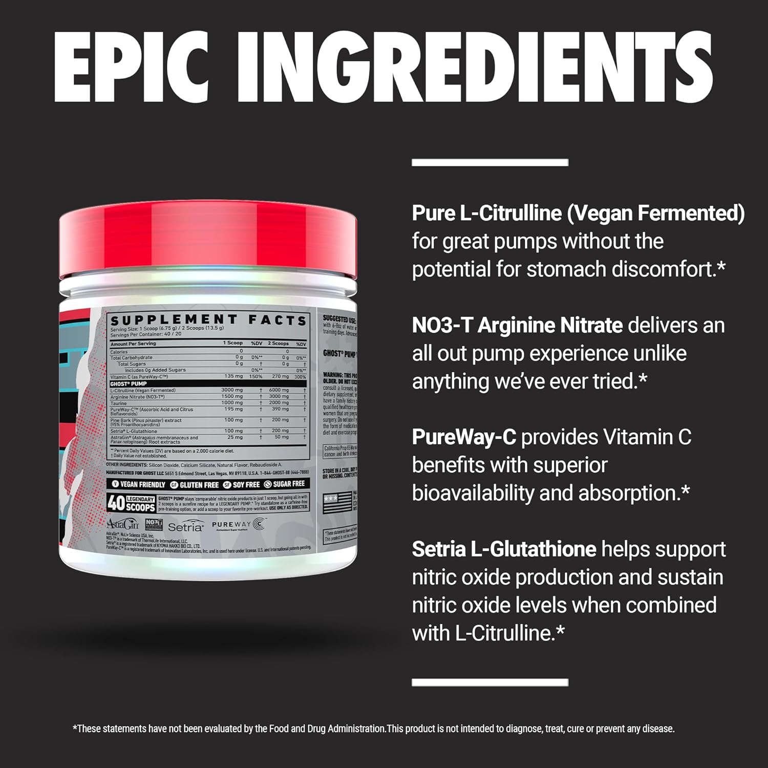Natty GHOST Pump Nitric Oxide Powder - 40 Servings, Sugar & Stim-Free Pre-Workout - L-Citrulline, Arginine Nitrate, L-Glutathione - Soy & Gluten-Free, Vegan