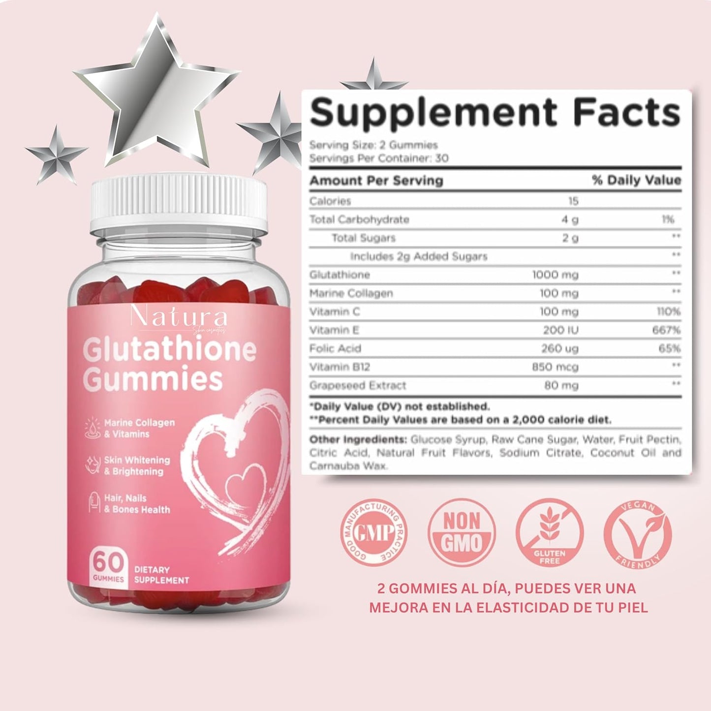NATURA SKIN COSMETICS Glutathione Gummies - Repair, Brighten, and Rejuvenate Skin - Anti-Aging - Acne Clearing - Dark Spot Reduction - L-Glutathione, Collagen, Vitamins - Pink