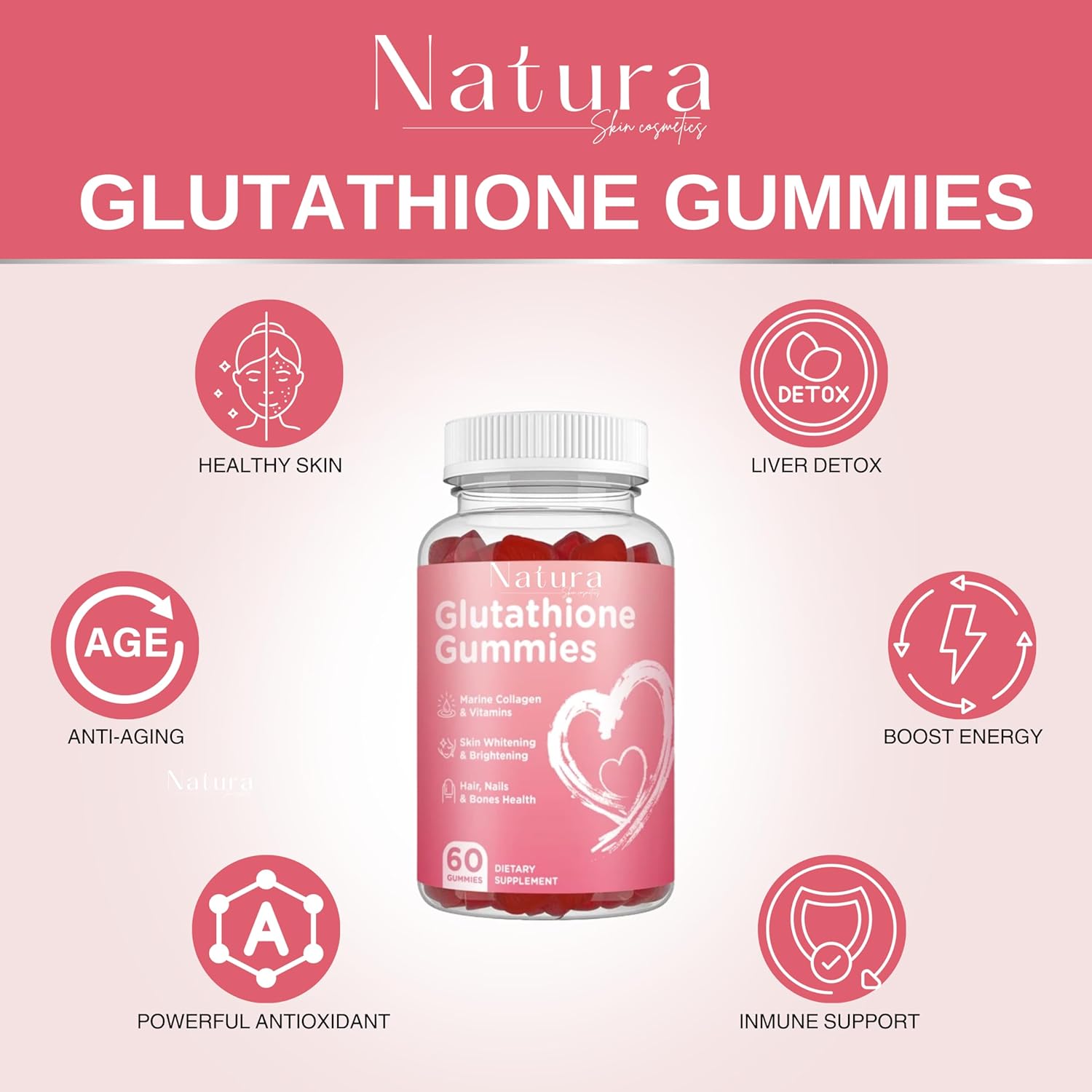 NATURA SKIN COSMETICS Glutathione Gummies - Repair, Brighten, and Rejuvenate Skin - Anti-Aging - Acne Clearing - Dark Spot Reduction - L-Glutathione, Collagen, Vitamins - Pink