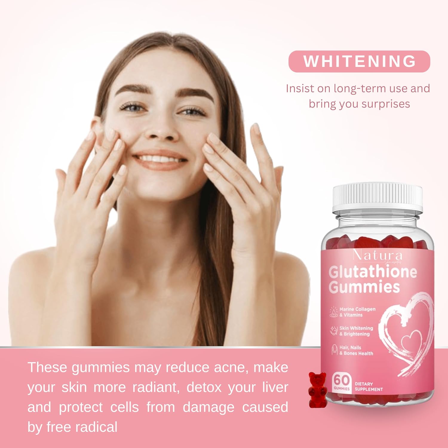 NATURA SKIN COSMETICS Glutathione Gummies - Repair, Brighten, and Rejuvenate Skin - Anti-Aging - Acne Clearing - Dark Spot Reduction - L-Glutathione, Collagen, Vitamins - Pink