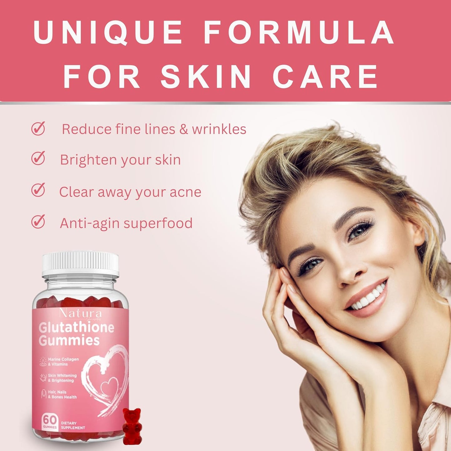 NATURA SKIN COSMETICS Glutathione Gummies - Repair, Brighten, and Rejuvenate Skin - Anti-Aging - Acne Clearing - Dark Spot Reduction - L-Glutathione, Collagen, Vitamins - Pink