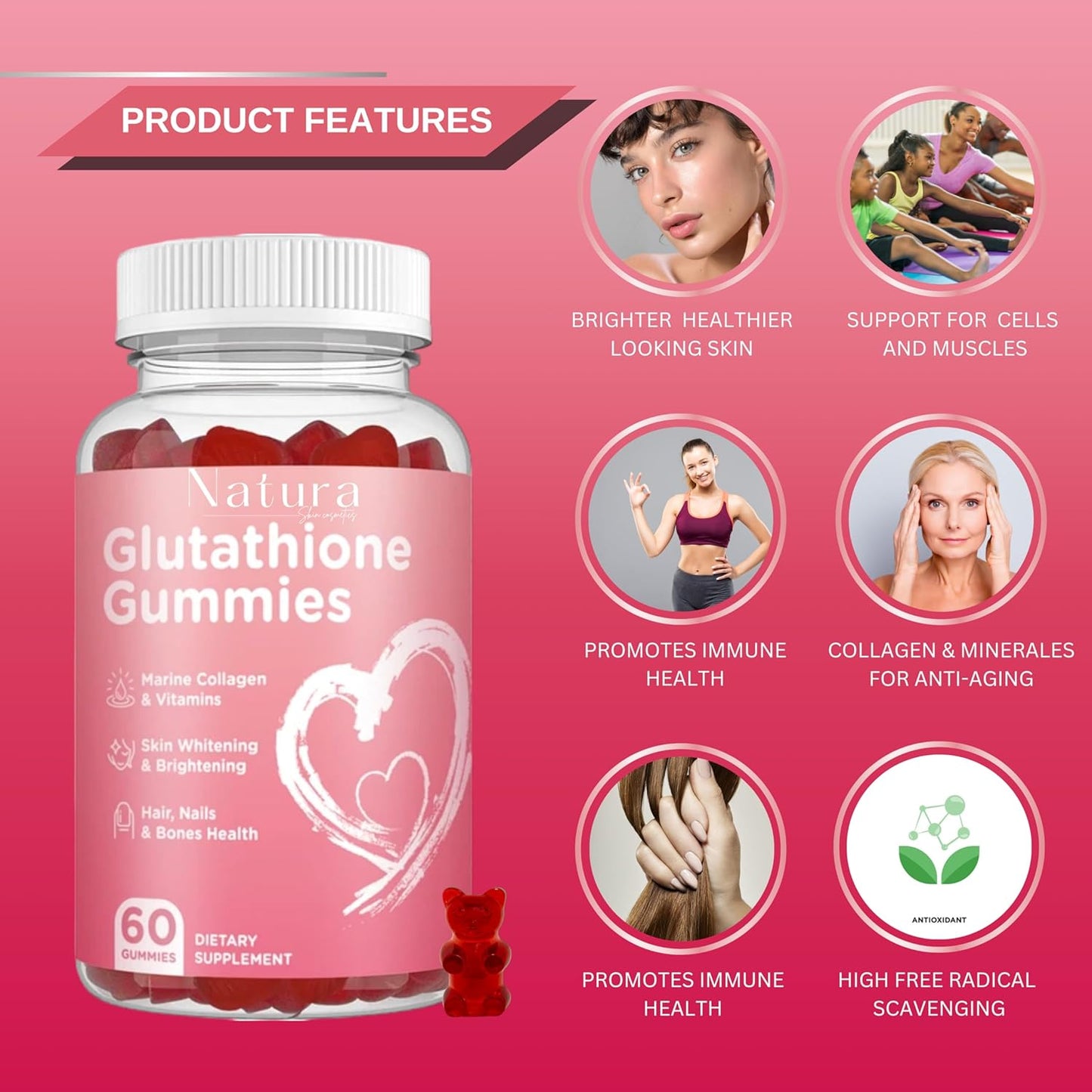 NATURA SKIN COSMETICS Glutathione Gummies - Repair, Brighten, and Rejuvenate Skin - Anti-Aging - Acne Clearing - Dark Spot Reduction - L-Glutathione, Collagen, Vitamins - Pink