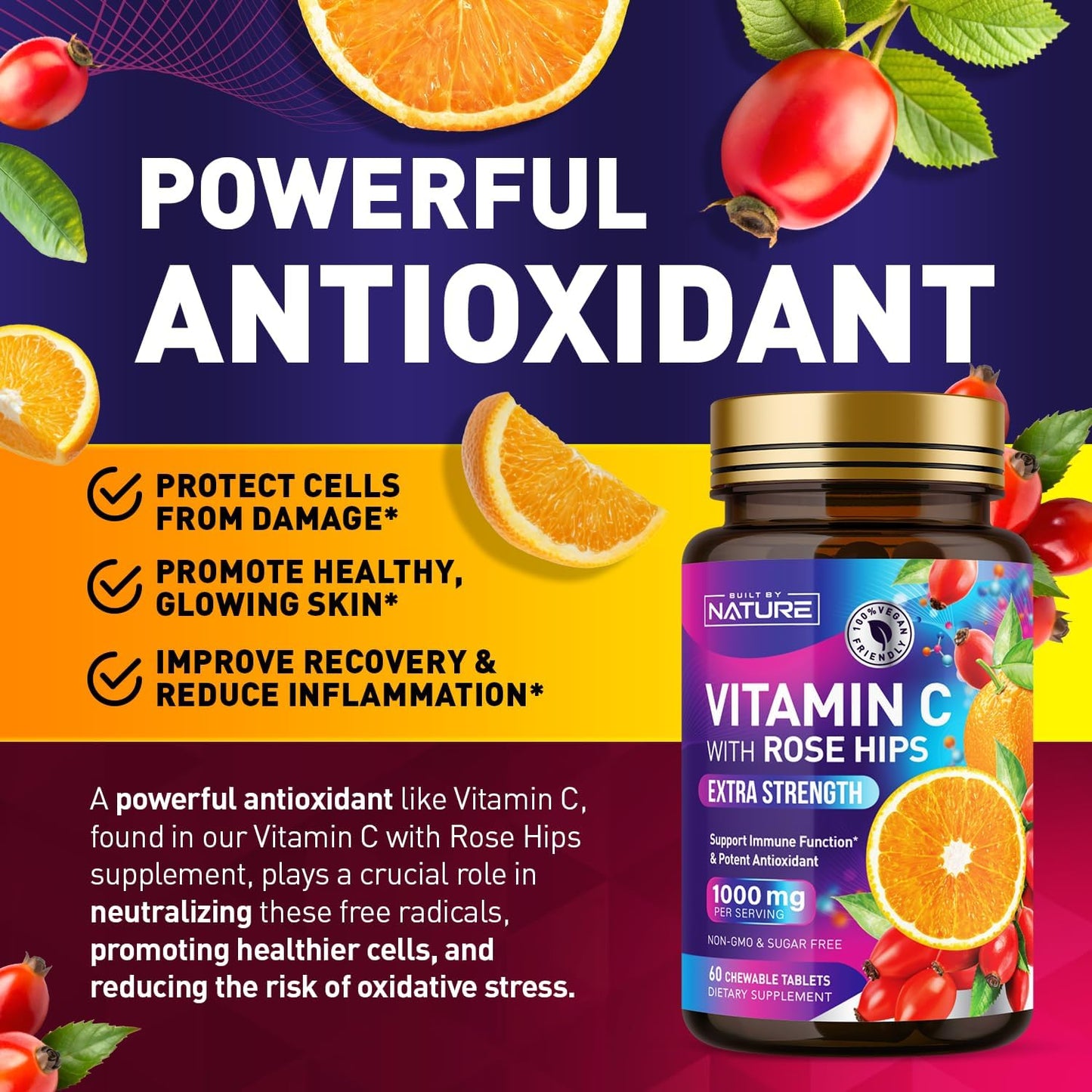 Natural 1000mg Vitamin C with Rose HIPS Chewable Tablets - Immune Support & Antioxidant - Vegan & Gluten-Free - Energy & Collagen Boost - Orange Flavor - 60 Count