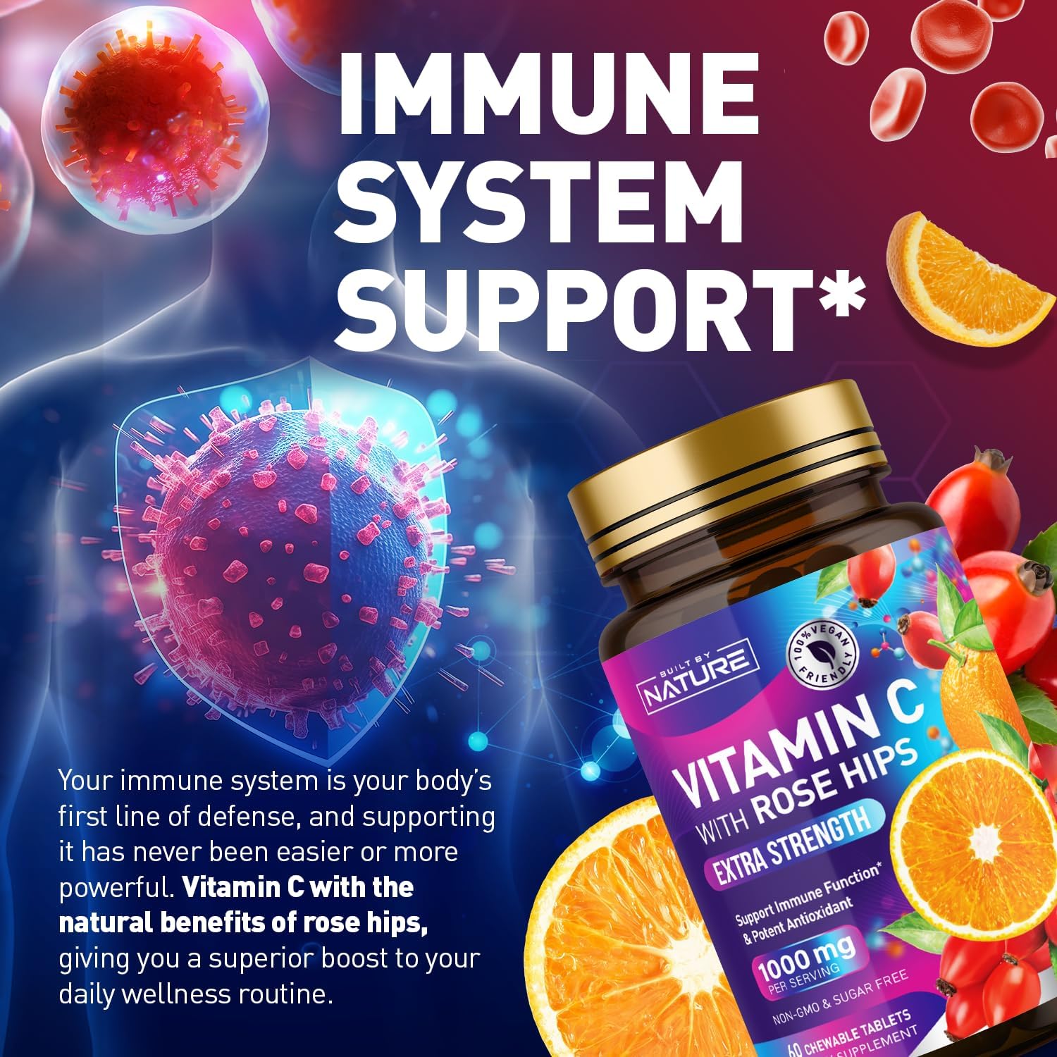 Natural 1000mg Vitamin C with Rose HIPS Chewable Tablets - Immune Support & Antioxidant - Vegan & Gluten-Free - Energy & Collagen Boost - Orange Flavor - 60 Count