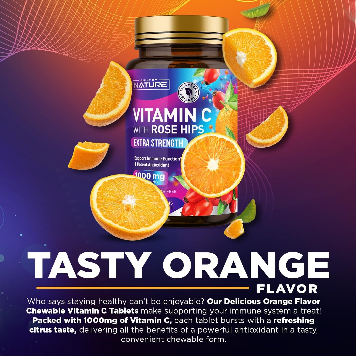 Natural 1000mg Vitamin C with Rose HIPS Chewable Tablets - Immune Support & Antioxidant - Vegan & Gluten-Free - Energy & Collagen Boost - Orange Flavor - 60 Count