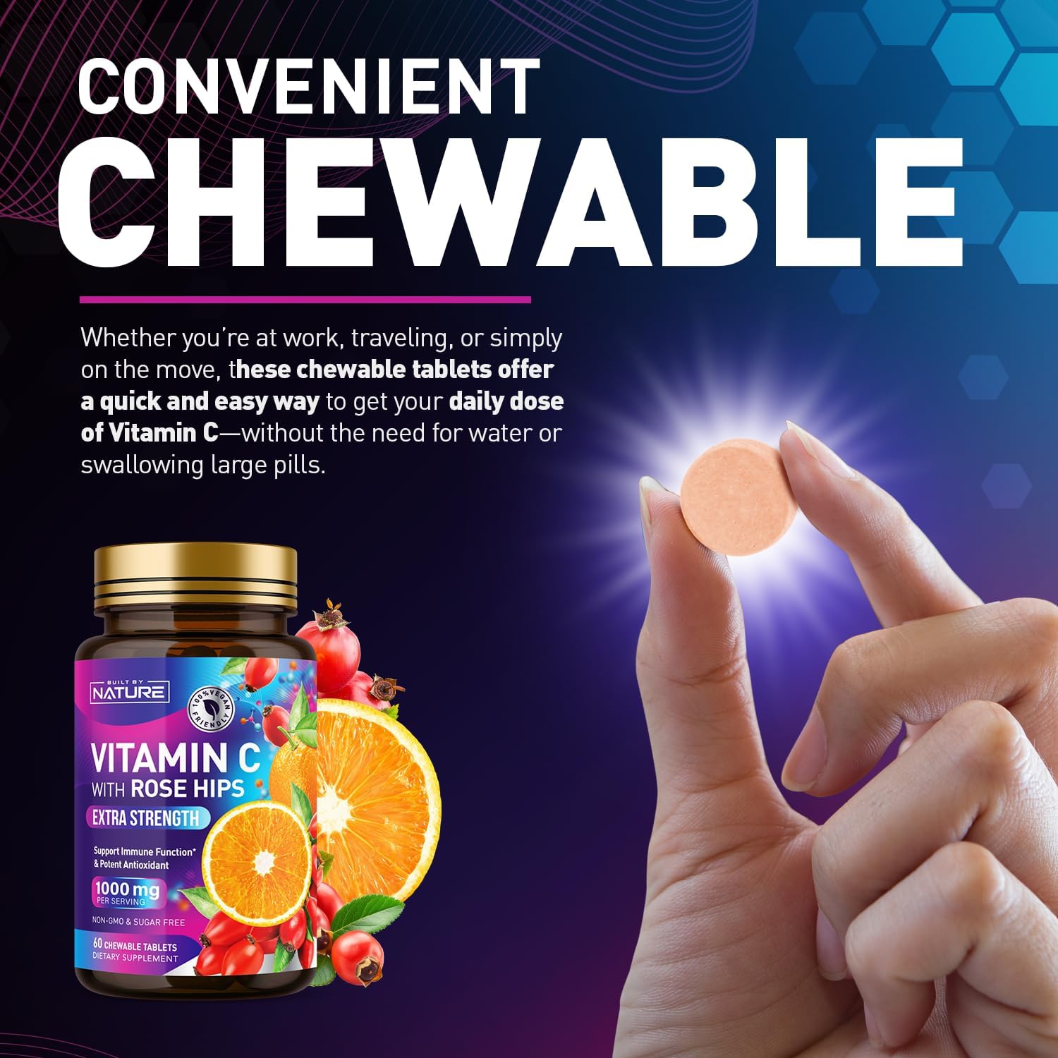 Natural 1000mg Vitamin C with Rose HIPS Chewable Tablets - Immune Support & Antioxidant - Vegan & Gluten-Free - Energy & Collagen Boost - Orange Flavor - 60 Count