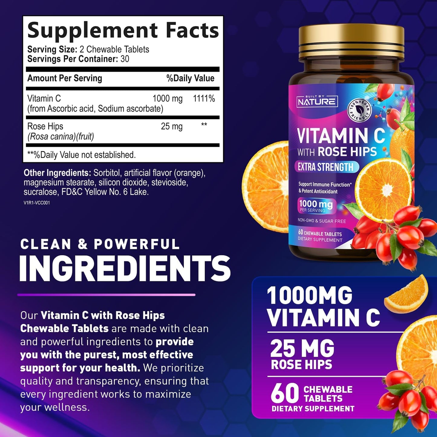 Natural 1000mg Vitamin C with Rose HIPS Chewable Tablets - Immune Support & Antioxidant - Vegan & Gluten-Free - Energy & Collagen Boost - Orange Flavor - 60 Count