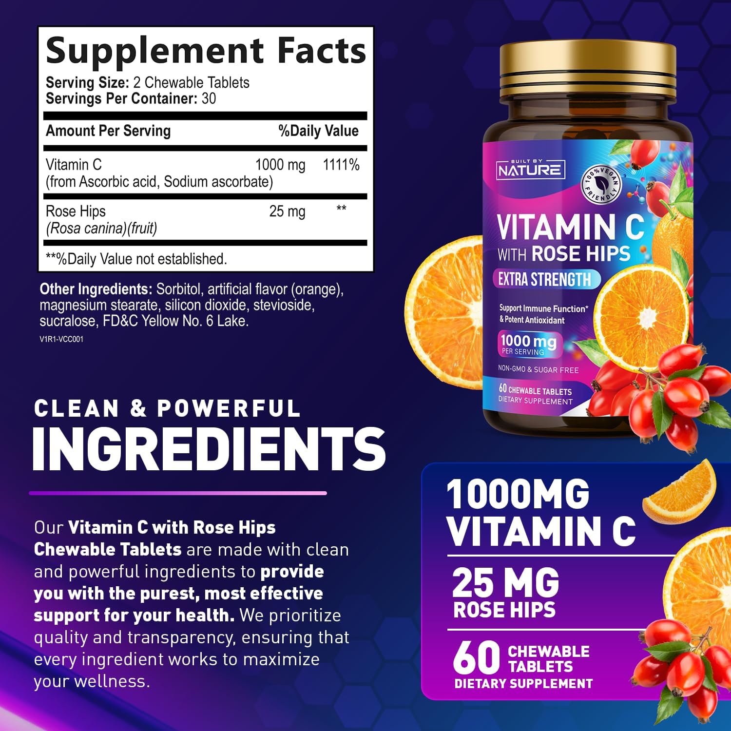 Natural 1000mg Vitamin C with Rose HIPS Chewable Tablets - Immune Support & Antioxidant - Vegan & Gluten-Free - Energy & Collagen Boost - Orange Flavor - 60 Count