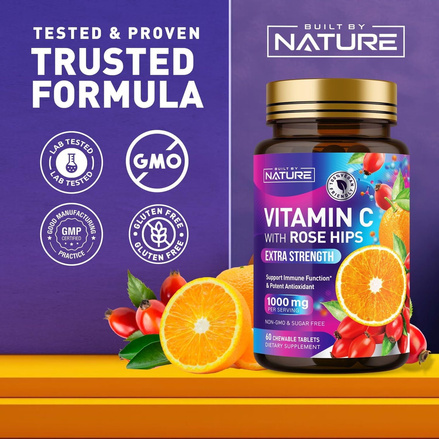 Natural 1000mg Vitamin C with Rose HIPS Chewable Tablets - Immune Support & Antioxidant - Vegan & Gluten-Free - Energy & Collagen Boost - Orange Flavor - 60 Count