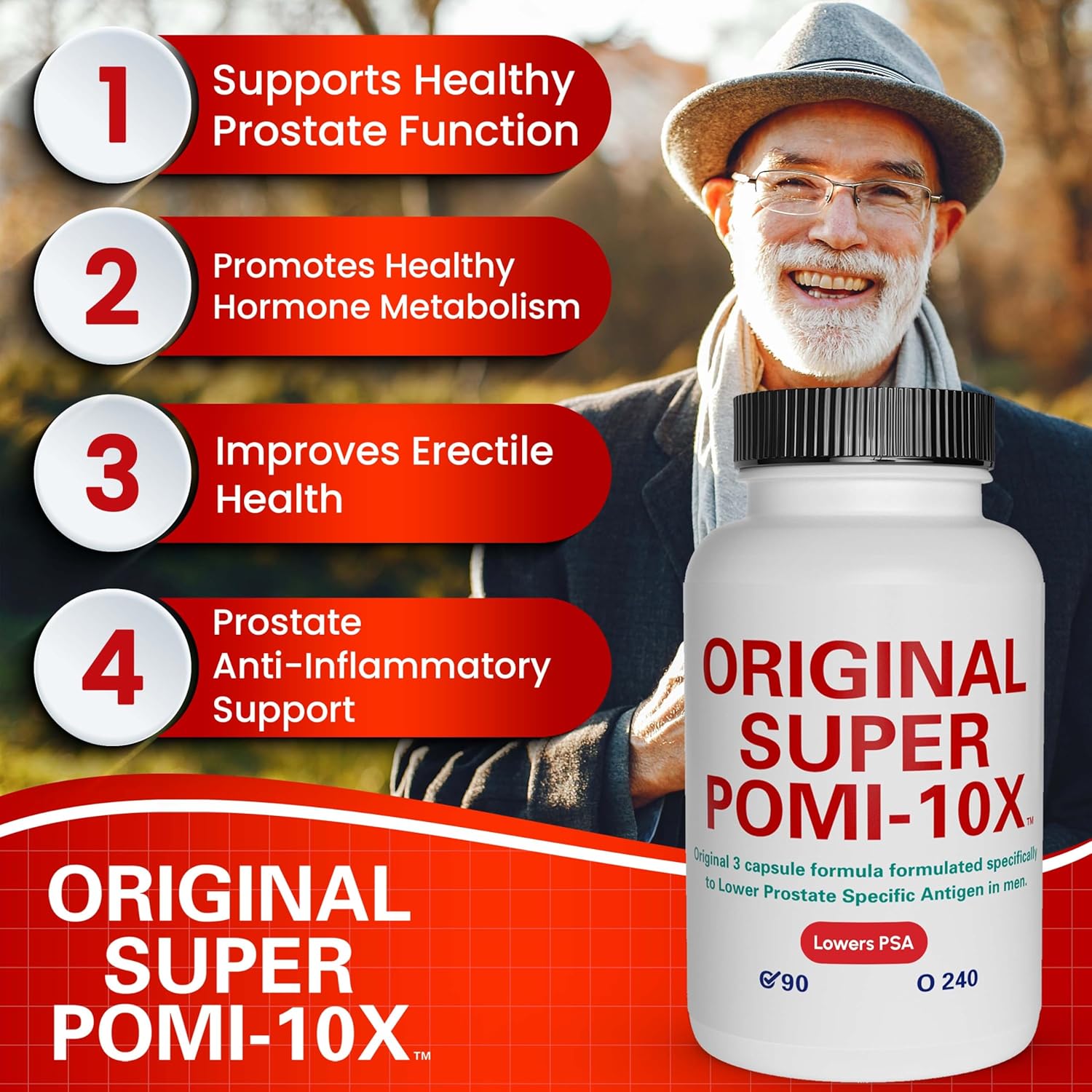 Natural 10X Prostate Support Supplement for Men - Herbal Blend with Pomegranate, Turmeric, Green Tea - Promotes Wellness & Bladder Health - Non-GMO, Gluten-Free, Soy-Free - 90 Capsules