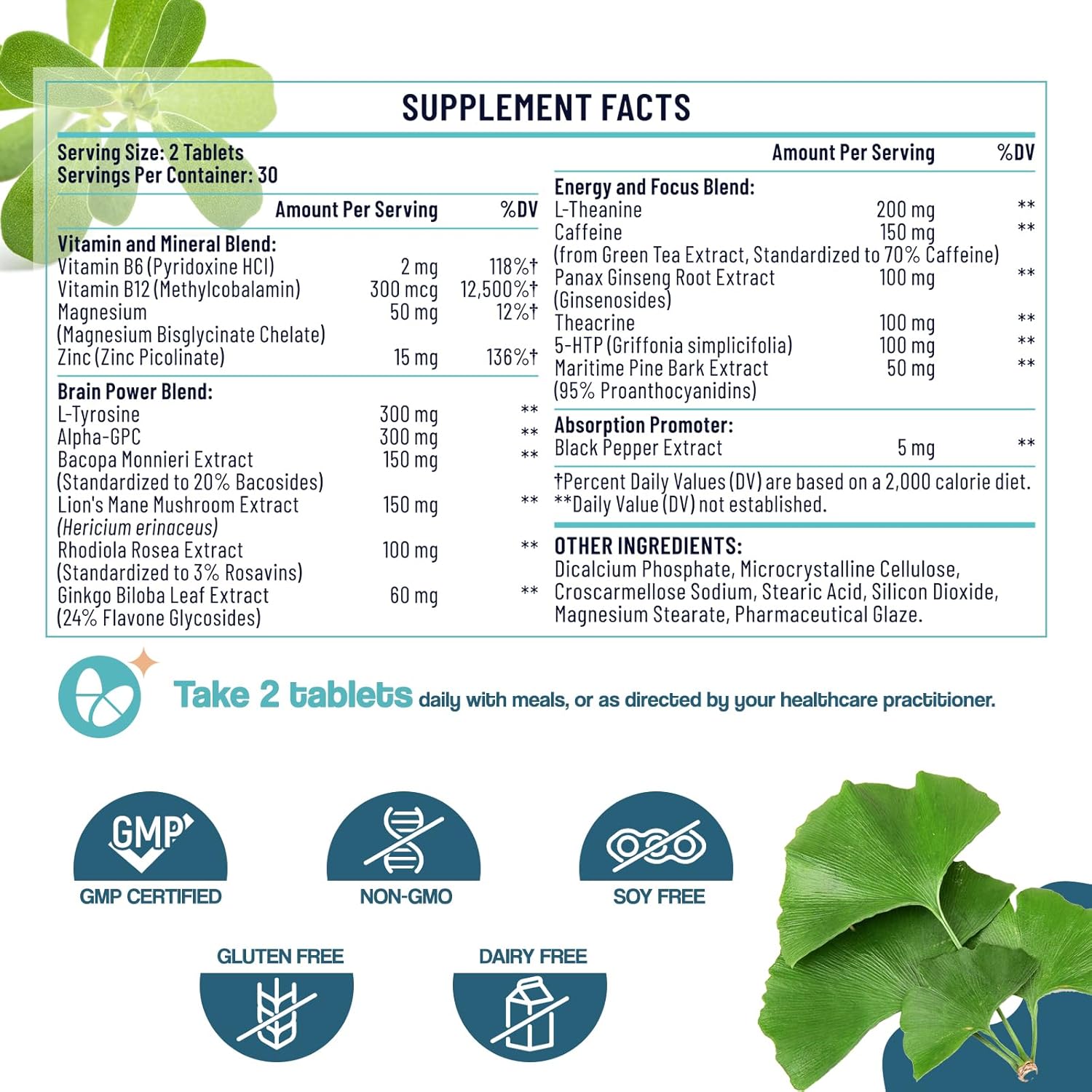 Natural 17-in-1 Nootropic Brain Supplement for Memory, Focus, and Mental Clarity - Herbal Extracts, Vitamins, Amino Acids - 60 Tablets