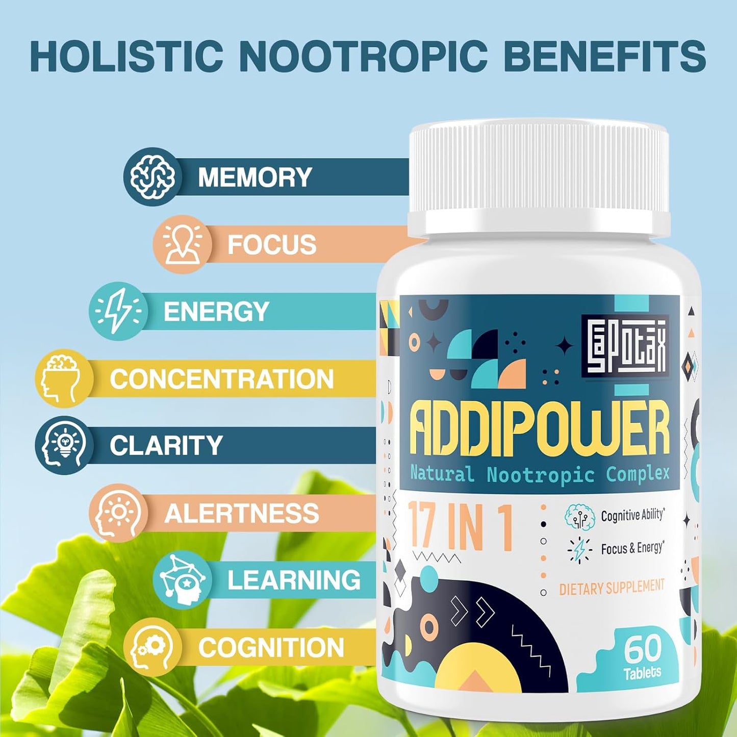 Natural 17-in-1 Nootropic Brain Supplement for Memory, Focus, and Mental Clarity - Herbal Extracts, Vitamins, Amino Acids - 60 Tablets