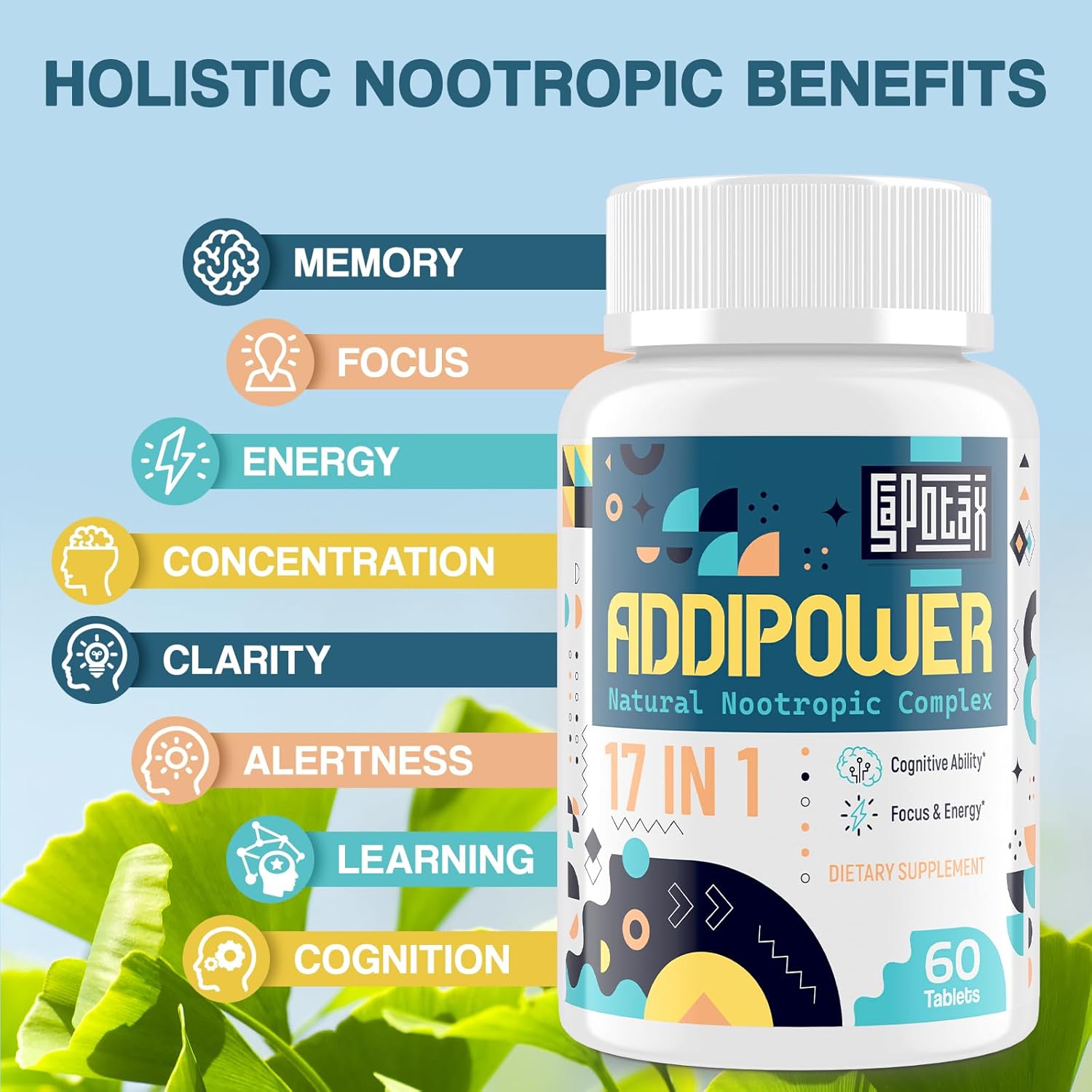 Natural 17-in-1 Nootropic Brain Supplement for Memory, Focus, and Mental Clarity - Herbal Extracts, Vitamins, Amino Acids - 60 Tablets