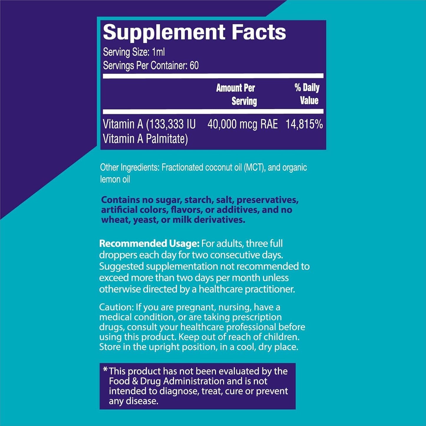 Natural 2 oz Vitamin A Drops - 400,000 IU per Serving for Immune Health - 2 Day Supply