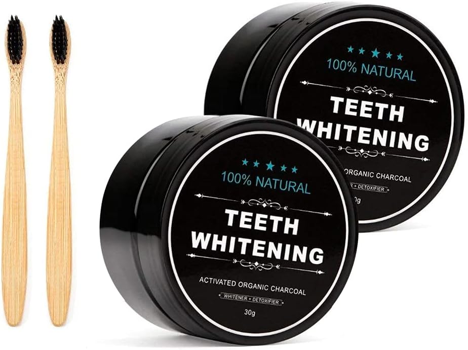 Natural Activated Charcoal Teeth Whitening Set with Bamboo Brush - 2-Pack Oral Care Powder