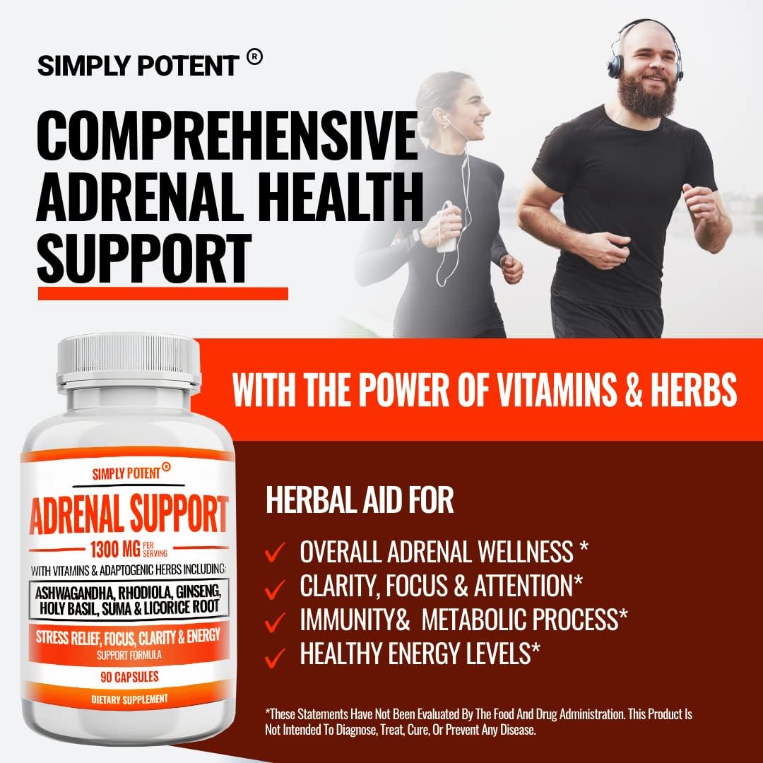 Natural Adrenal Support Capsules with Ashwagandha, Licorice, Rhodiola, Ginseng - 90 Count - Adrenal Health Supplement for Men & Women