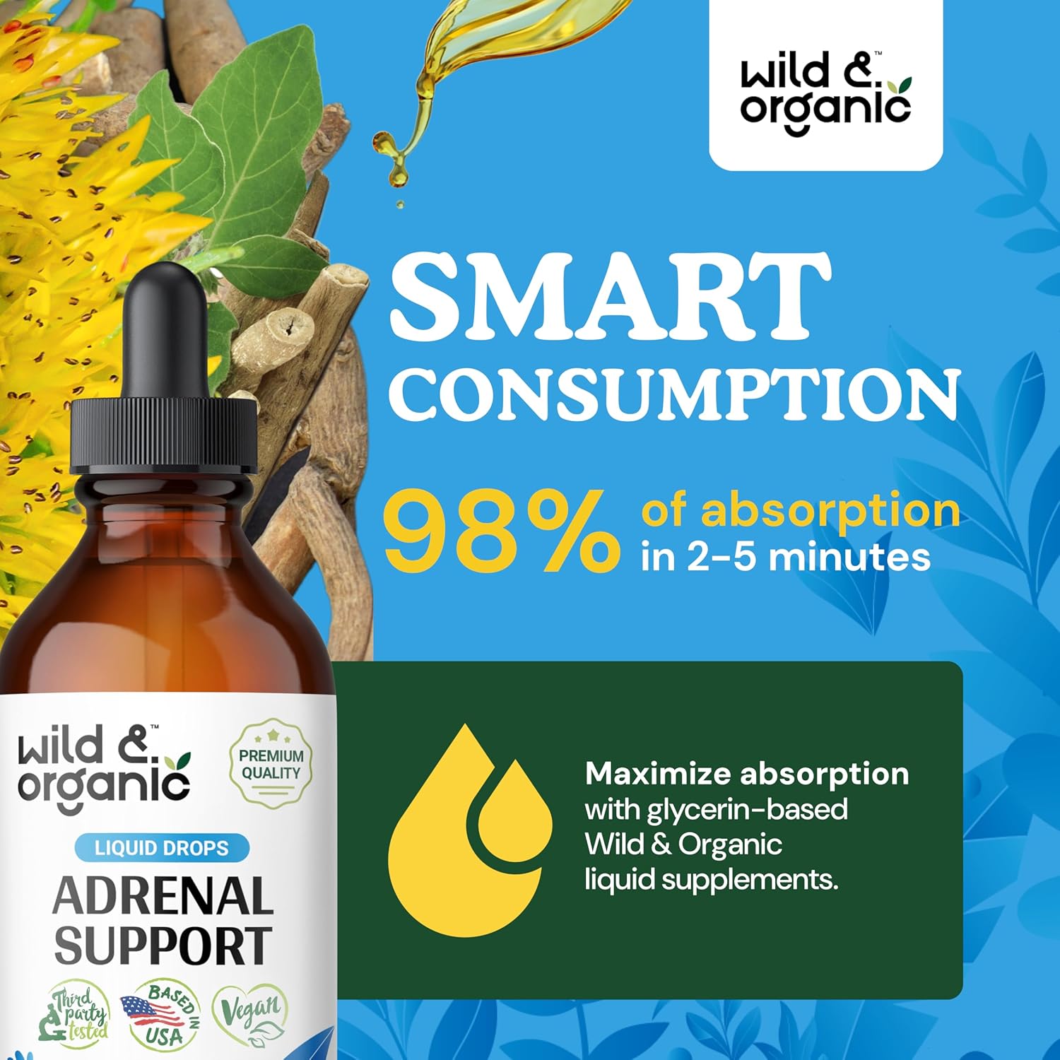 Natural Adrenal Support Drops for Women and Men - Vegan & Organic Adrenal Support Supplements - Sugar & Alcohol-Free - 2-Month Supply - 4 fl oz