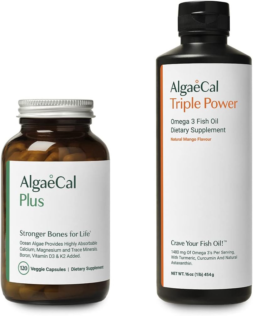 Natural AlgaeCal Bundle with Calcium, Vitamin D3 & K2, Magnesium, Boron, Trace Minerals, and Omega-3 Fish Oil Emulsion