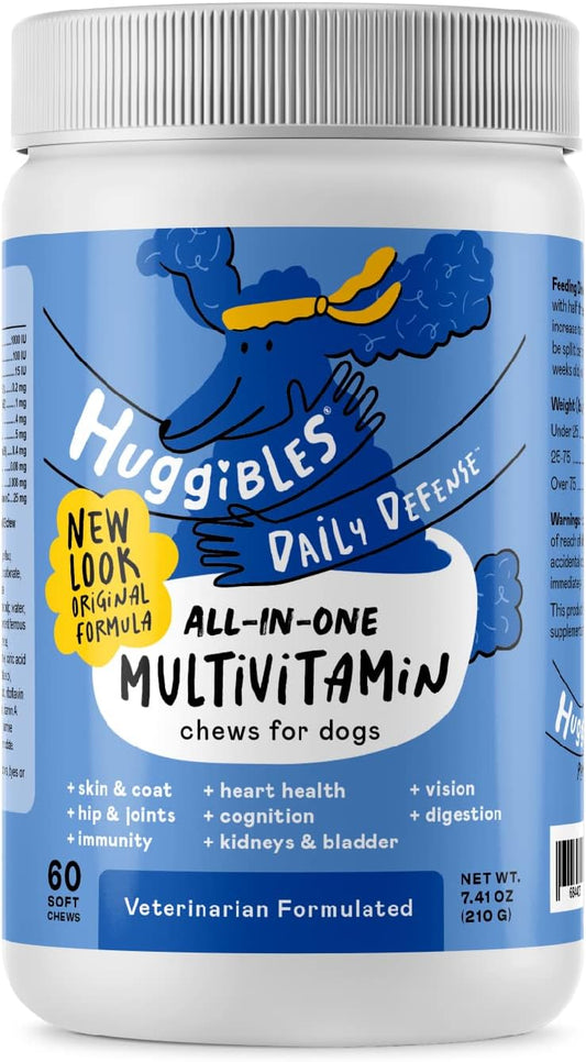 Natural All-in-One Dog Multivitamin with Fish Oil, Iron, Calcium, Vitamin E, C & B12 for Joint, Immune, & Vision Support - Chewable Supplement by Huggibles