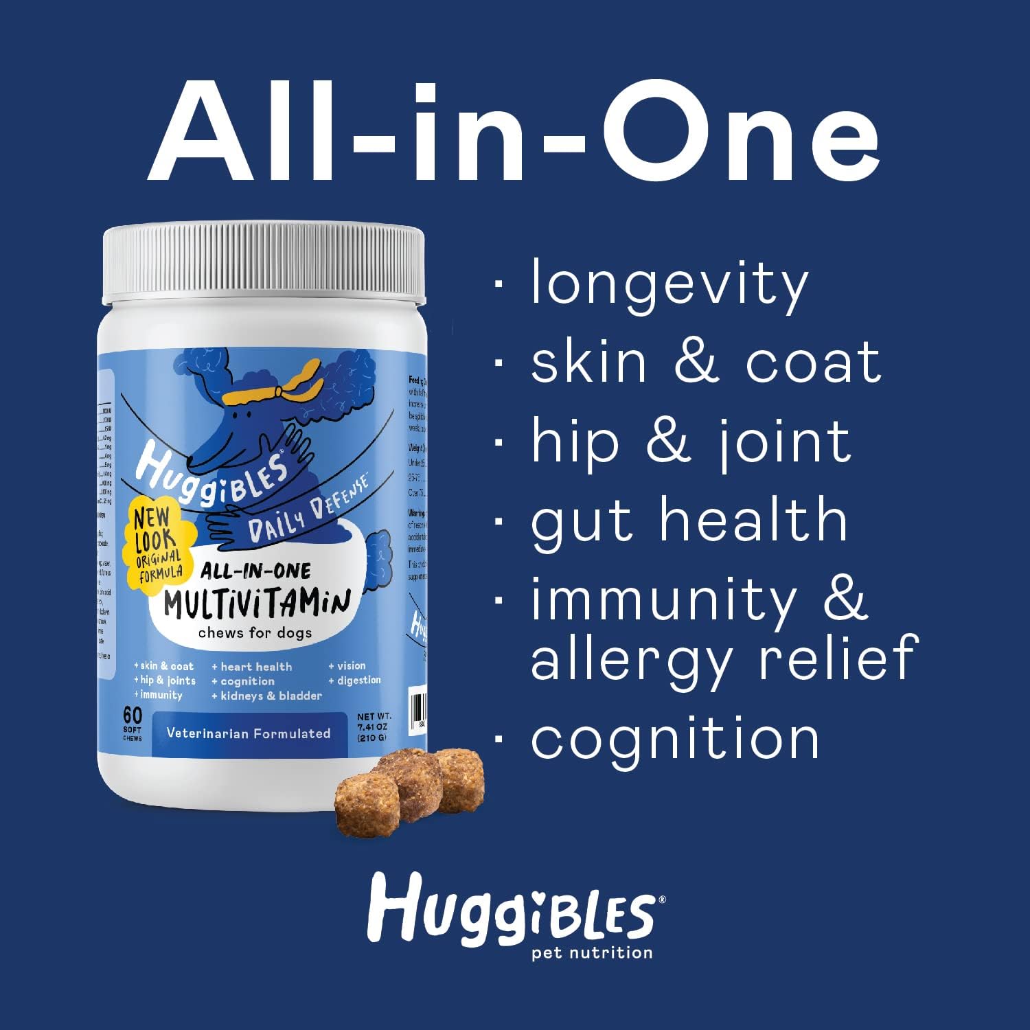 Natural All-in-One Dog Multivitamin with Fish Oil, Iron, Calcium, Vitamin E, C & B12 for Joint, Immune, & Vision Support - Chewable Supplement by Huggibles