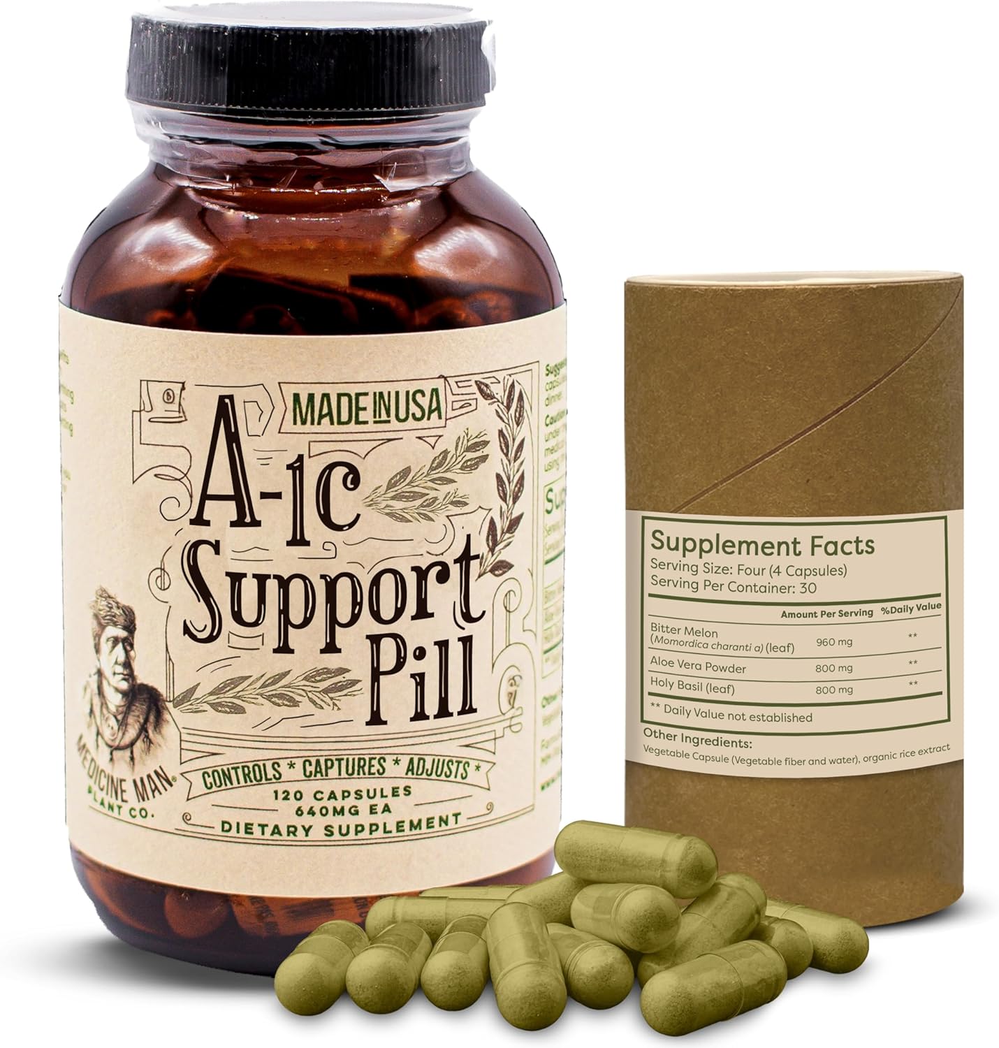 Natural and Organic A-1C Support Capsules with Bitter Melon, Holy Basil, and Aloe Vera Extract - Non-GMO Herbal Formula by Medicine Man Plant Co (120 ct)