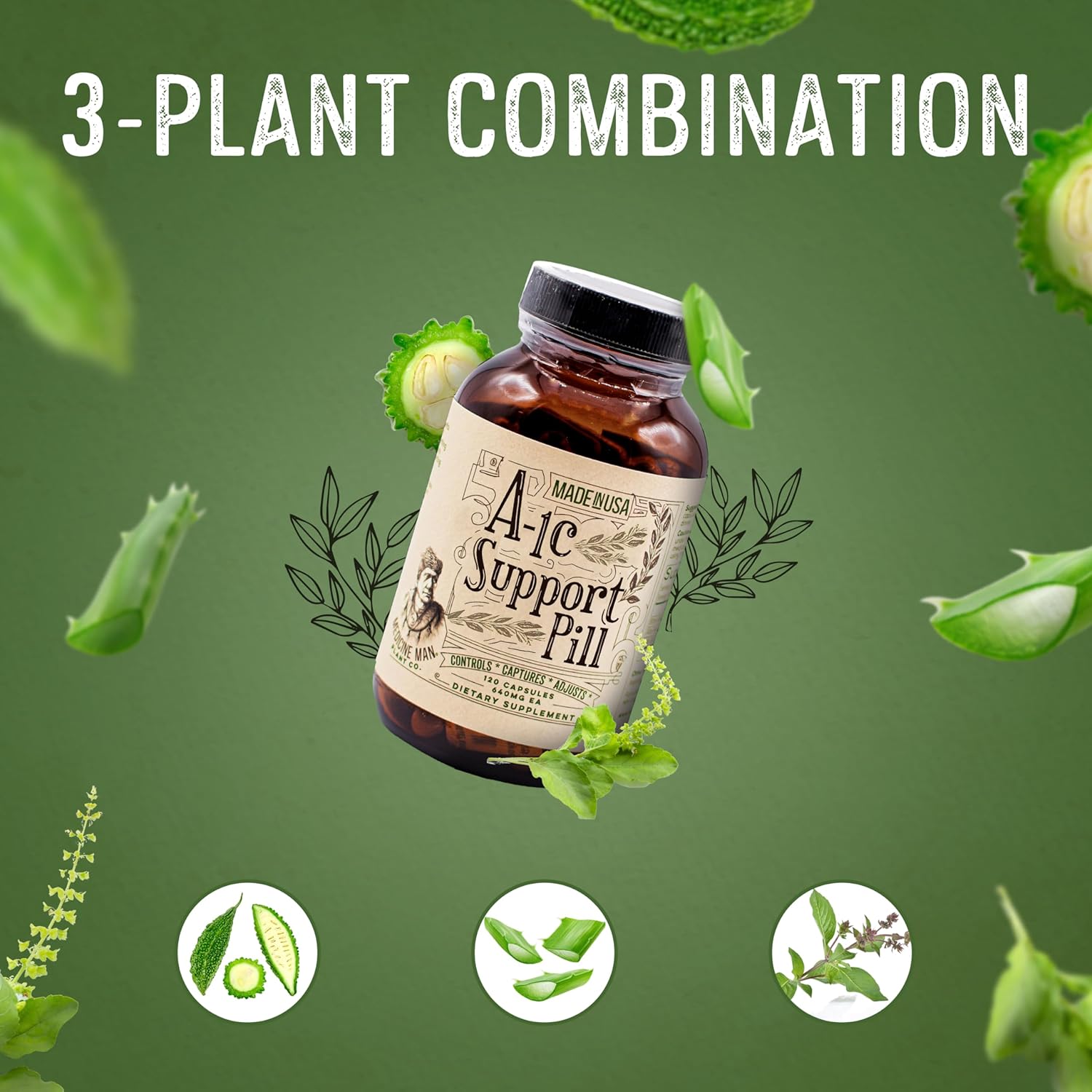 Natural and Organic A-1C Support Capsules with Bitter Melon, Holy Basil, and Aloe Vera Extract - Non-GMO Herbal Formula by Medicine Man Plant Co (120 ct)