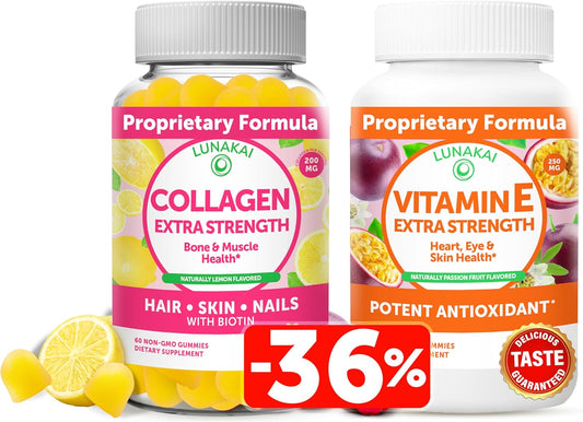 Natural Anti-Aging Collagen & Vitamin E Gummies Bundle for Men & Women - Non-GMO with Vitamin C - 250mg VIT E - Lunakai