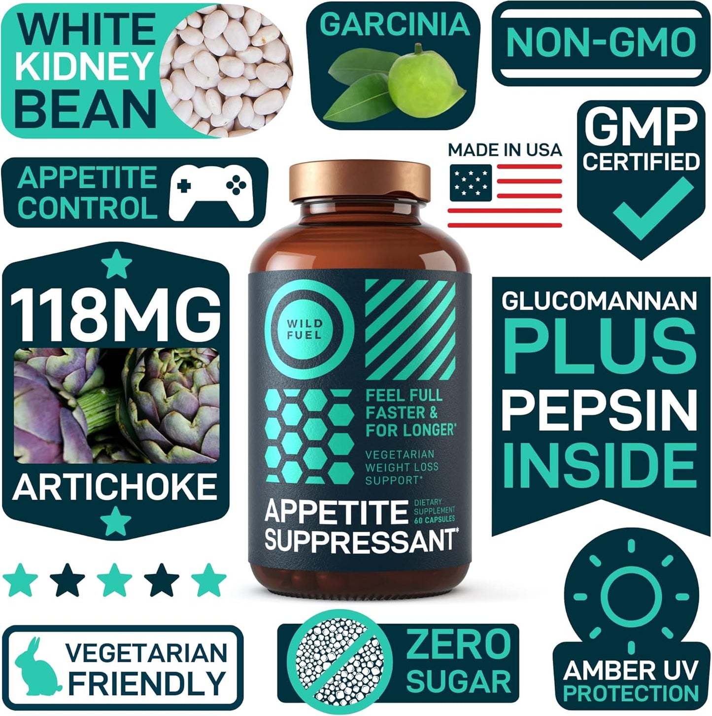 Natural Appetite Suppressant for Weight Loss - Fast-Acting Diet Pills for Women and Men - Garcinia Cambogia, Glucomannan, White Kidney Bean - 60 Veggie Capsules