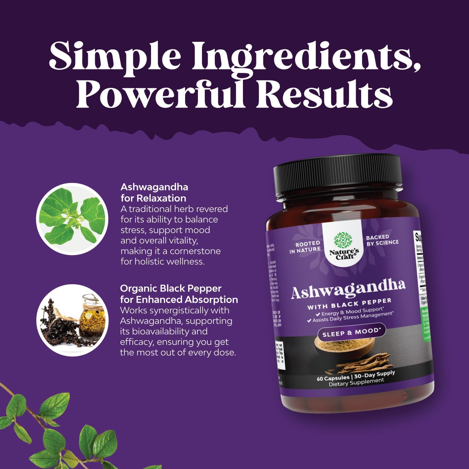 Natural Ashwagandha Root Capsules for Better Sleep, Mood, and Immune System – Withania Somnifera Supplement for Men and Women by Natures Craft