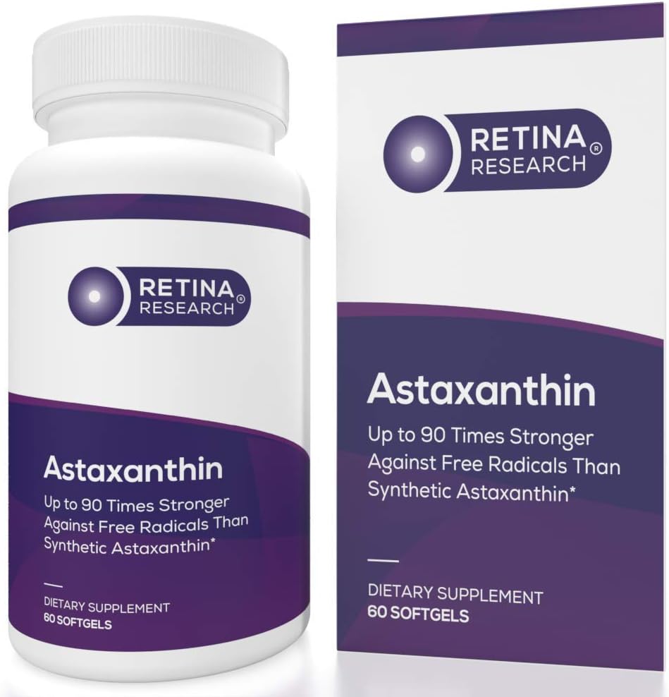 Natural Astaxanthin Eye Vitamin 10mg Softgels for Eye Health - Retina Research Formula by Doctors - 3rd Party Certified - 60 Count