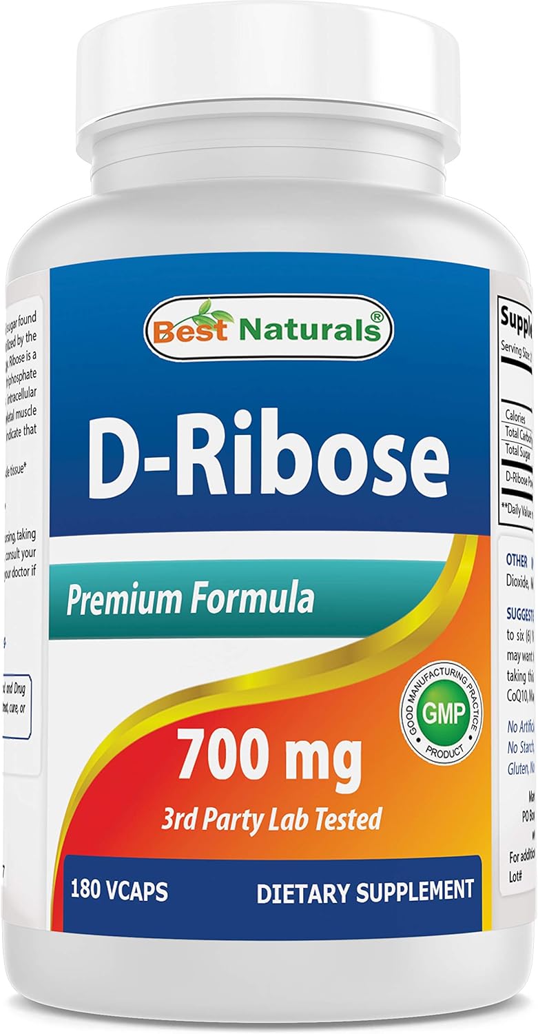 Natural ATP Energy Production Supplement - Best Naturals D-Ribose 700mg 180 Vcaps - USA GMP Certified - Third Party Tested for Purity - Guaranteed Quality!