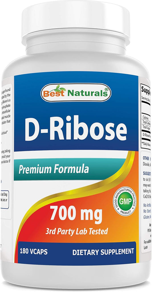 Natural ATP Energy Production Supplement - Best Naturals D-Ribose 700mg 180 Vcaps - USA GMP Certified - Third Party Tested for Purity - Guaranteed Quality!