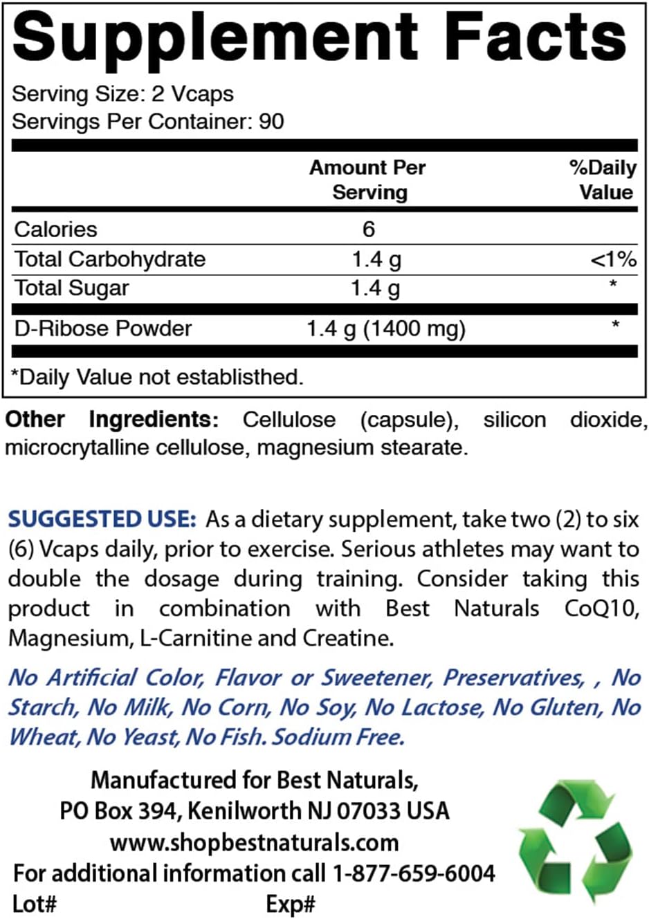 Natural ATP Energy Production Supplement - Best Naturals D-Ribose 700mg 180 Vcaps - USA GMP Certified - Third Party Tested for Purity - Guaranteed Quality!