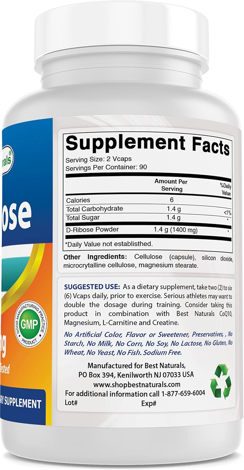 Natural ATP Energy Production Supplement - Best Naturals D-Ribose 700mg 180 Vcaps - USA GMP Certified - Third Party Tested for Purity - Guaranteed Quality!