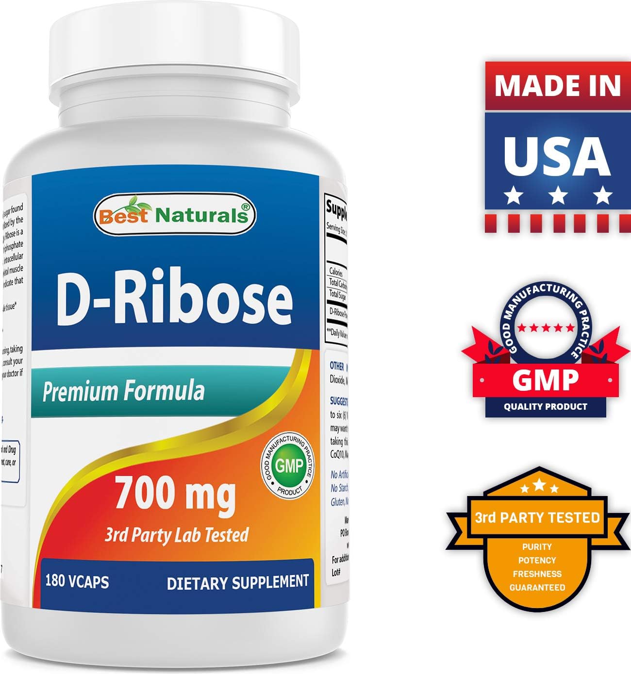 Natural ATP Energy Production Supplement - Best Naturals D-Ribose 700mg 180 Vcaps - USA GMP Certified - Third Party Tested for Purity - Guaranteed Quality!