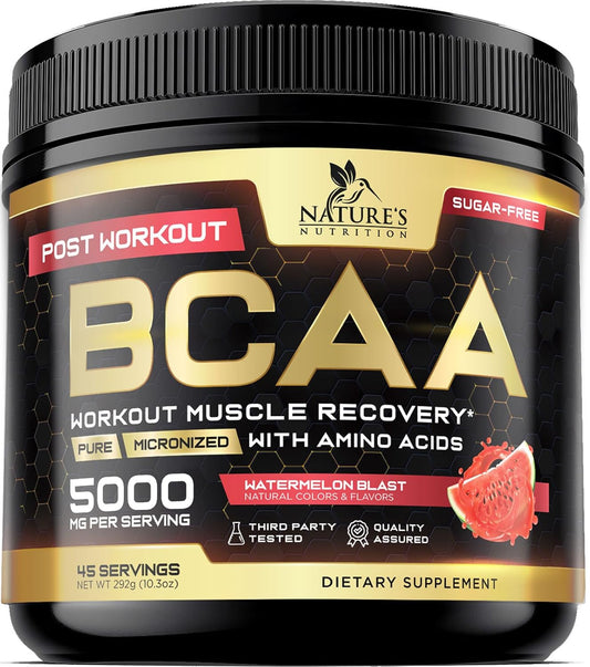 Natural BCAA Powder for Energy Boost and Muscle Recovery - 45 Servings, Sugar Free, Watermelon Flavor - Pre and Post Workout Amino Acids Supplement for Men and Women