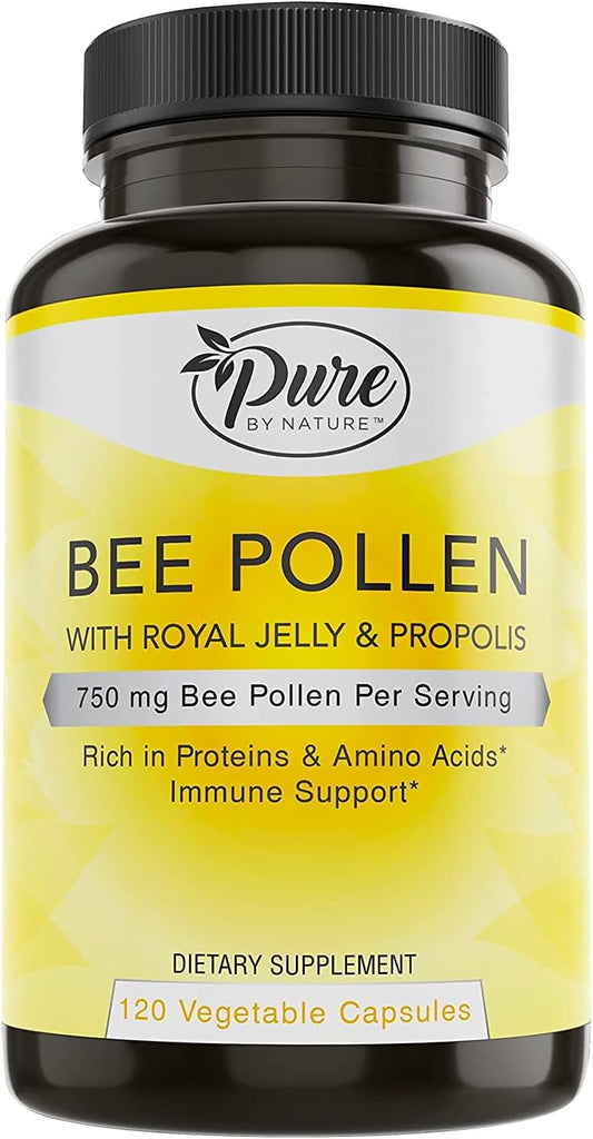 Natural Bee Pollen Supplement with Propolis & Royal Jelly for Immune Support, Antioxidant Properties - 120 Non-GMO Capsules