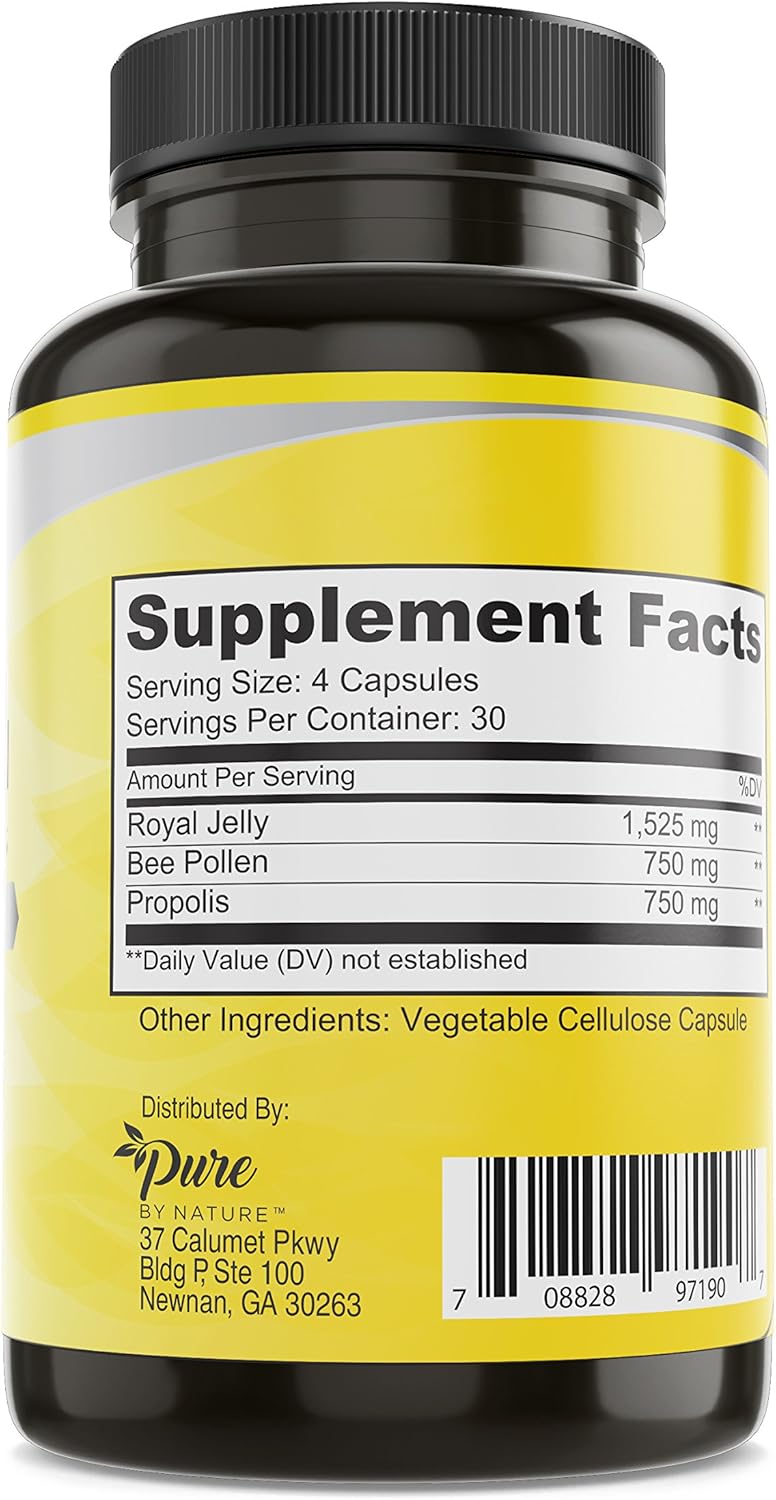 Natural Bee Pollen Supplement with Propolis & Royal Jelly for Immune Support, Antioxidant Properties - 120 Non-GMO Capsules