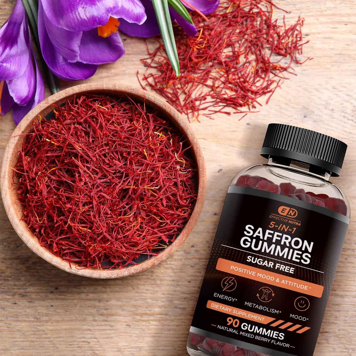 Natural Berry Flavored Sugar-Free Saffron Gummies with Vitamin D2 & GABA for Positive Mood, Energy, Digestion - Made in USA (90 Count)