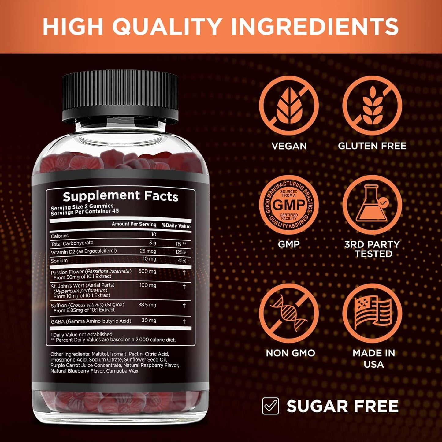 Natural Berry Flavored Sugar-Free Saffron Gummies with Vitamin D2 & GABA for Positive Mood, Energy, Digestion - Made in USA (90 Count)