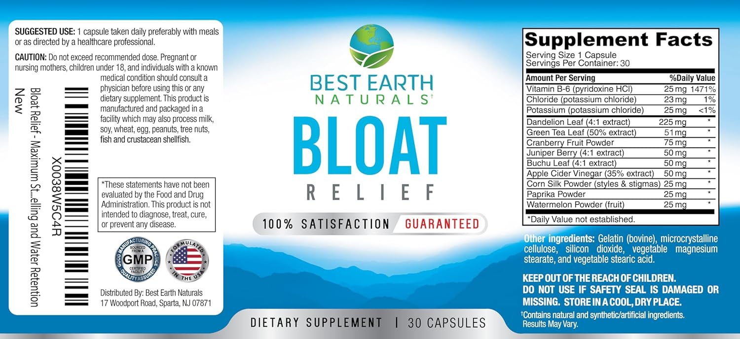 Natural Bloat Relief Water Supplement with Dandelion, Green Tea, Cranberry, Apple Cider Vinegar - 30 Count