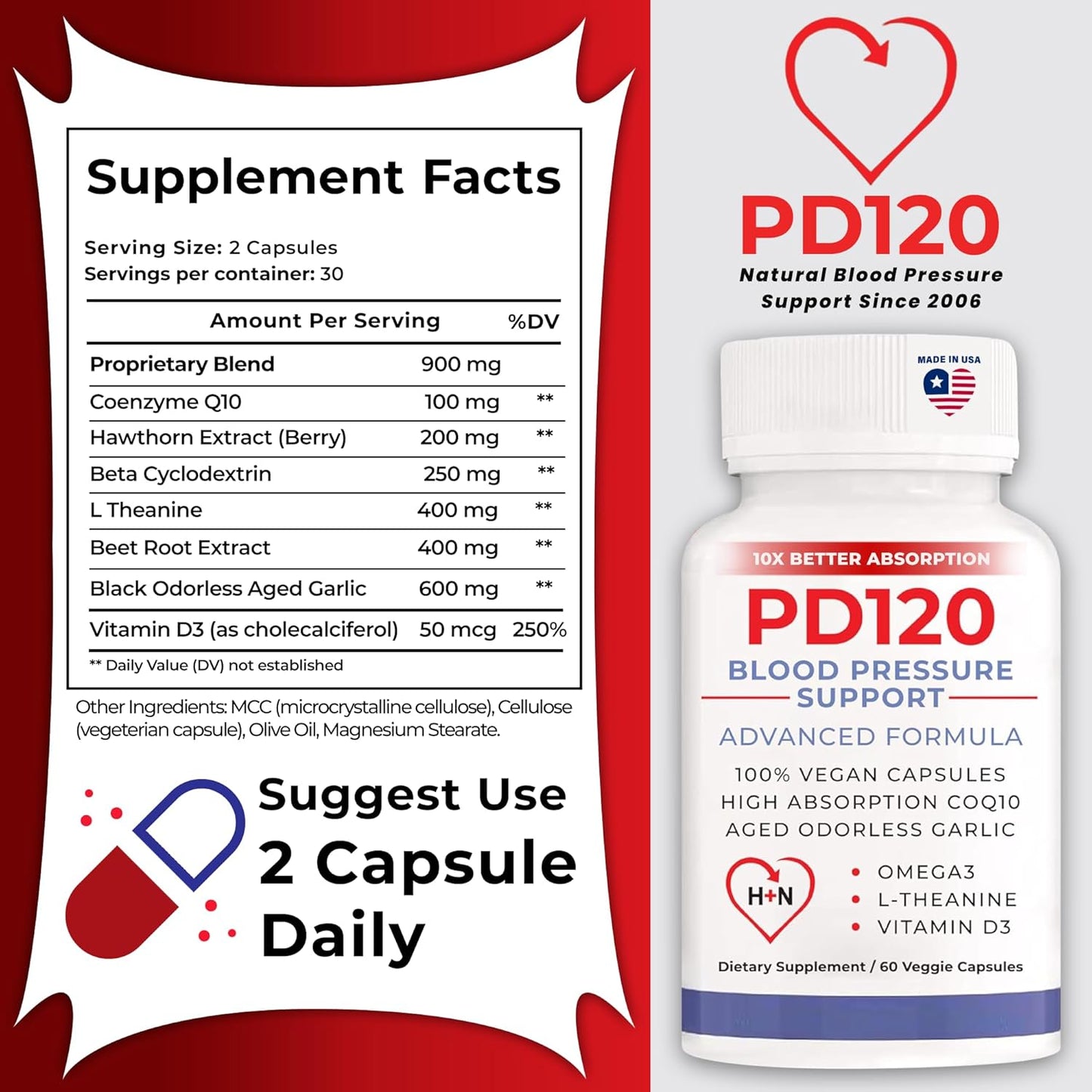 Natural Blood Pressure Supplement with CoQ10, Nitric Oxide, Garlic, Omega 3, L-Theanine, Vitamin D3 - PD120 Formula for High Blood Pressure Support