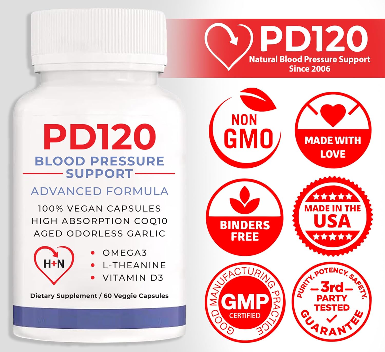 Natural Blood Pressure Supplement with CoQ10, Nitric Oxide, Garlic, Omega 3, L-Theanine, Vitamin D3 - PD120 Formula for High Blood Pressure Support