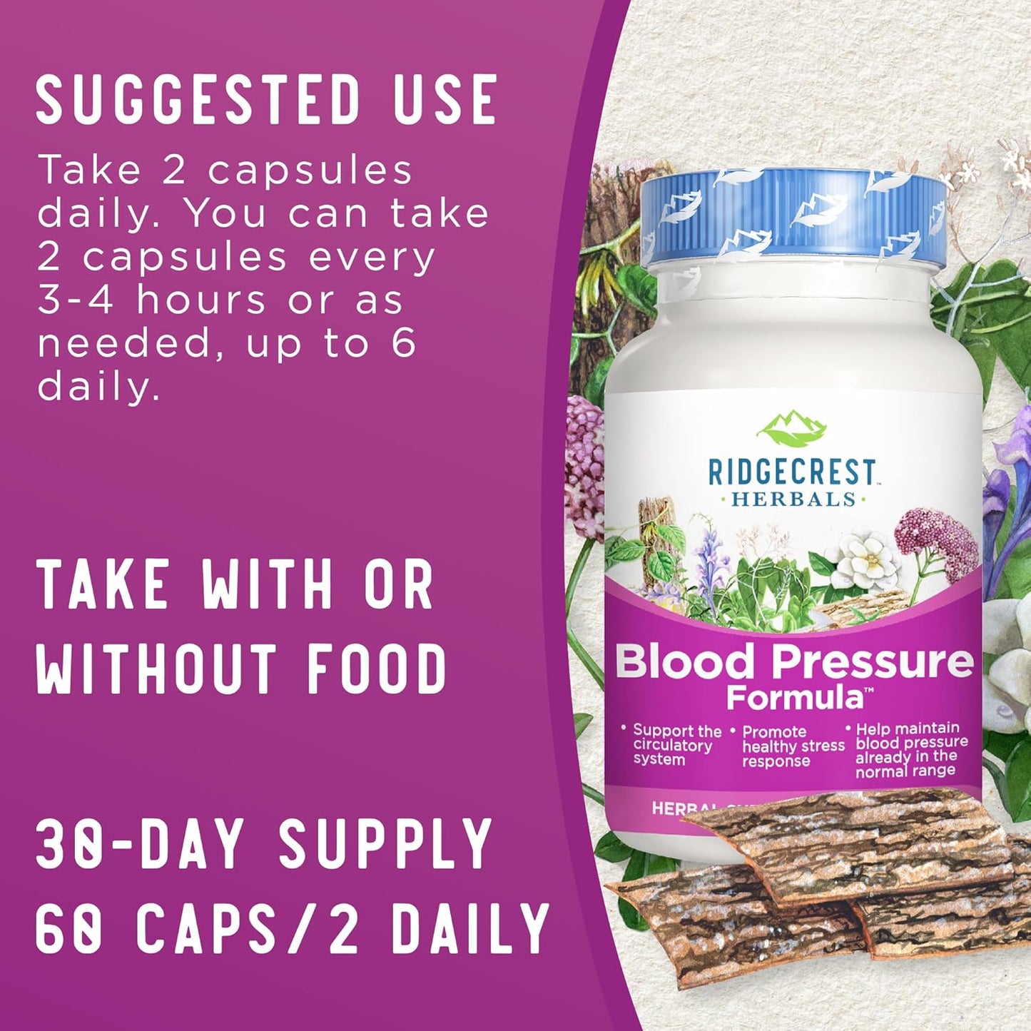 Natural Blood Pressure Support Supplement with 12 Herbs including Poria Mushroom, Gastrodia, Gardenia - Promotes Heart and Circulation Health - 60 Capsules