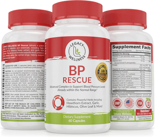 Natural Blood Pressure Support Supplement with Vitamins & Herbs - Promotes Circulation & Blood Flow - Hawthorn Berry, Garlic, Hibiscus Capsules for Men & Women - LegacyNutra BP Rescue