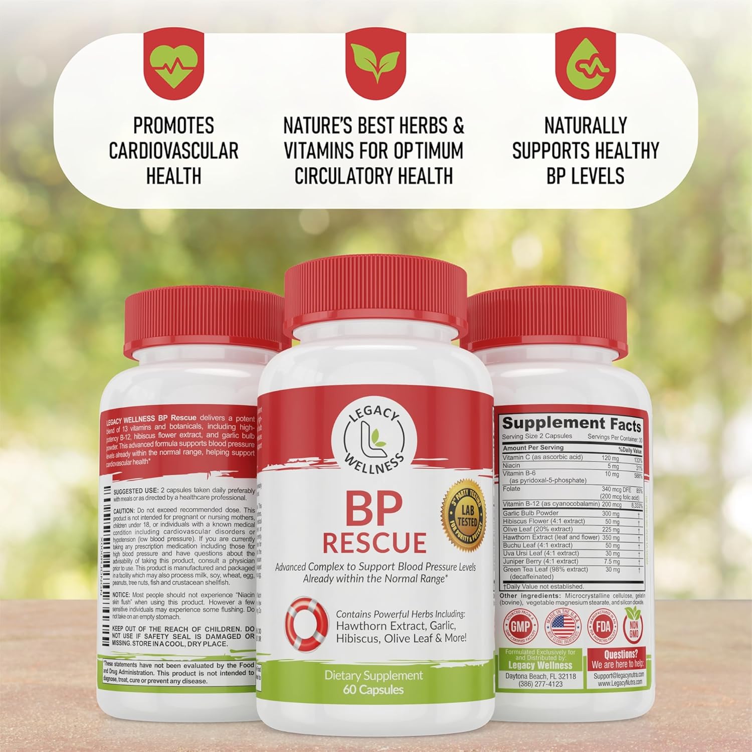 Natural Blood Pressure Support Supplement with Vitamins & Herbs - Promotes Circulation & Blood Flow - Hawthorn Berry, Garlic, Hibiscus Capsules for Men & Women - LegacyNutra BP Rescue